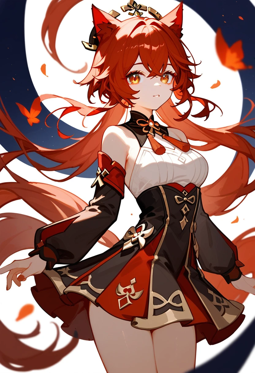 The cat is a girl, long red hair, black bangs, and the skirt and top are black, the tail is red and black, genshin impact