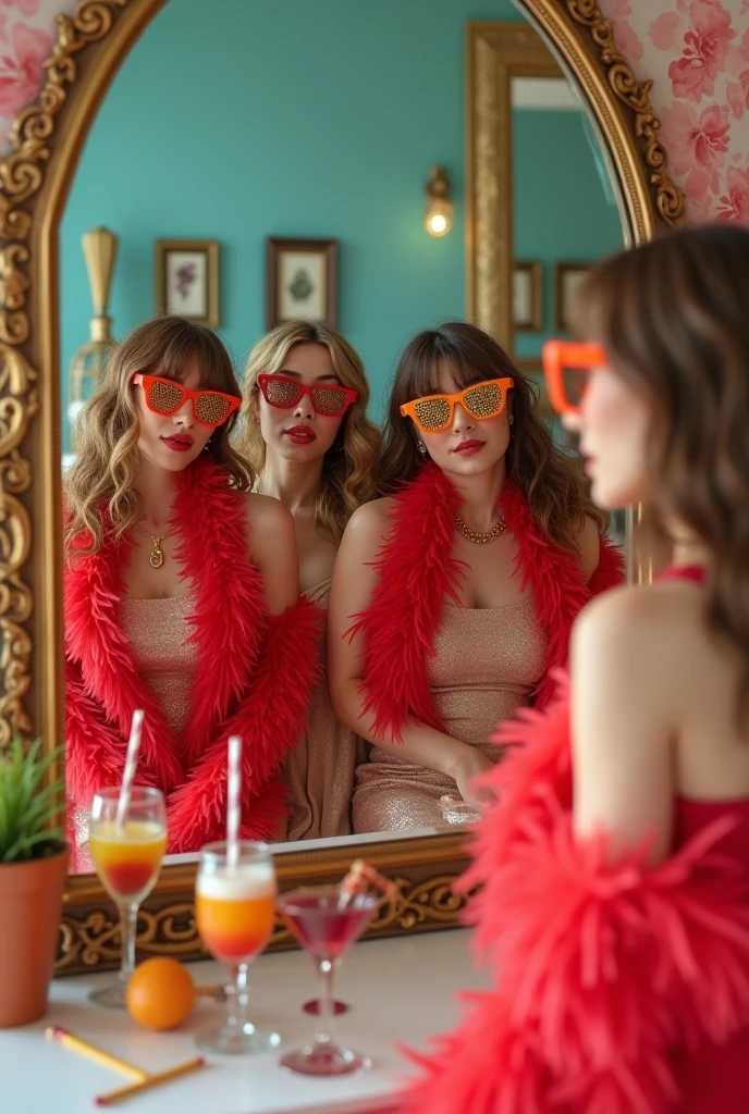 (photorealism:1.1) beautiful girls with photo props, funny glasses, feather boas, in the reflection of a mirror with lights around, cocktails on dressing table