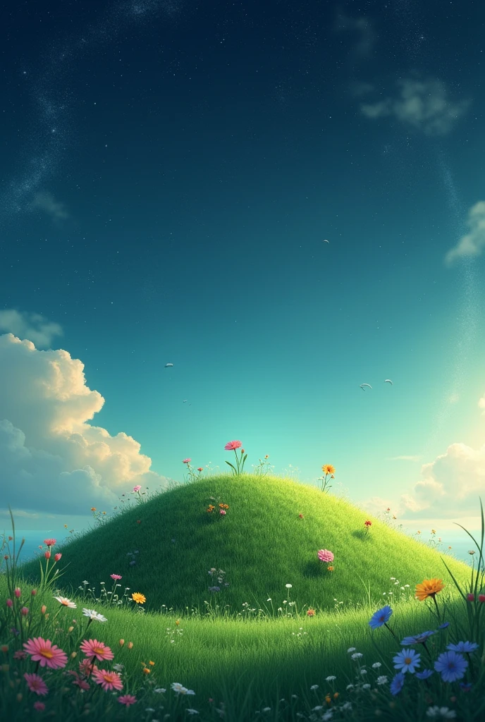 A small hill of grass with a few flowers growing on it in the universe