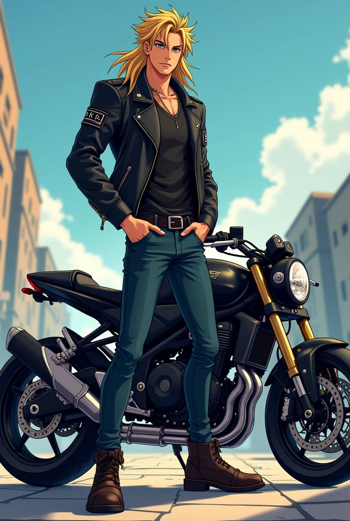 Anime Hot tall cute biker guy with blond down hair standing side of bike