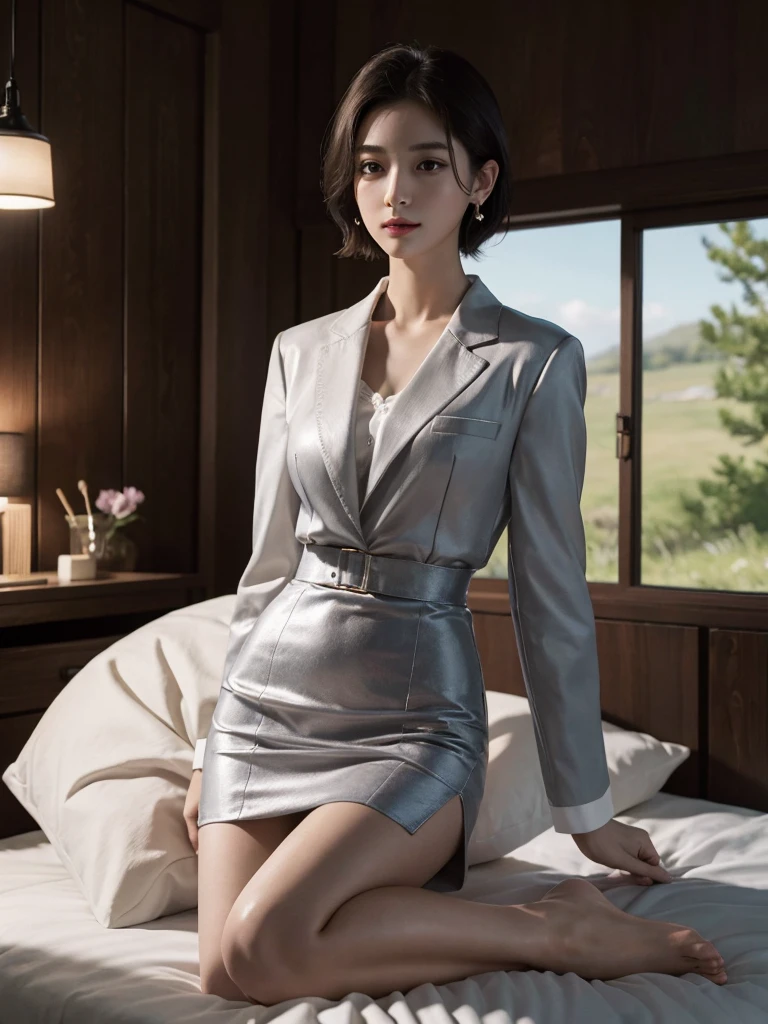 absurdres, RAW photo, extremely delicate and beautiful, masterpiece, Best Quality, ultra high resolution, 32k, hyper realistic, ultra-detailed, Very detailed CG 8k wallpaper, detailed background, landscape, Beautiful Lighting, Perfect Lightning, Realistic Shadows, perfect anatomy, anatomically correct, ideal ratio body proportions, perfect figure, Perfect Style, Perfect balance, super Detailed skin, in her 30s, very Slim body, narrow waist, very small head, very small face, delicate facial features, handsome detailed woman, very detailed eyes and face, realistic face proportions, Realistic beautiful face, Realistic beautiful eyes, tearful mole, earring, very huge round tits, medium short hair, asymmetrical hair, wavy hair, indoor, jacket blazer, pencil skirt, collared dress shirt, bare legs, bare foot,