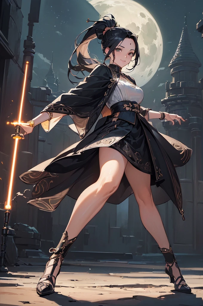 ((((High resolution, Intricate details, masterpiece, 8k)))), (((beautiful, Lightsabers))), ((One Woman, full body, Fighting Pose)), (Black Hair, parted bangs, forehead, Long Hair, ponytail, slender), from front, looking at viewer, look at viewer, smile, desert, night, moon,