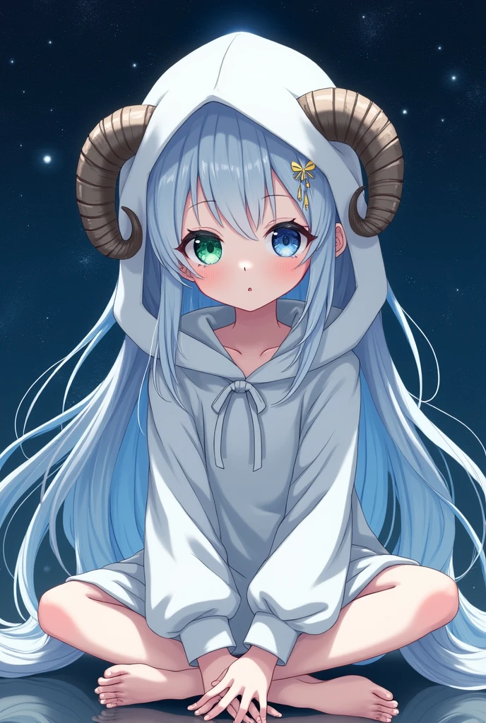 Ram&#39;s horn、Long white hair、10 years old、Anime Style、They have heterochromia, one eye is green and the other is blue.、Fluffy hoodie、The background is space、A vacant expression、Sitting cross-legged、Hands in front of you、No hood、
