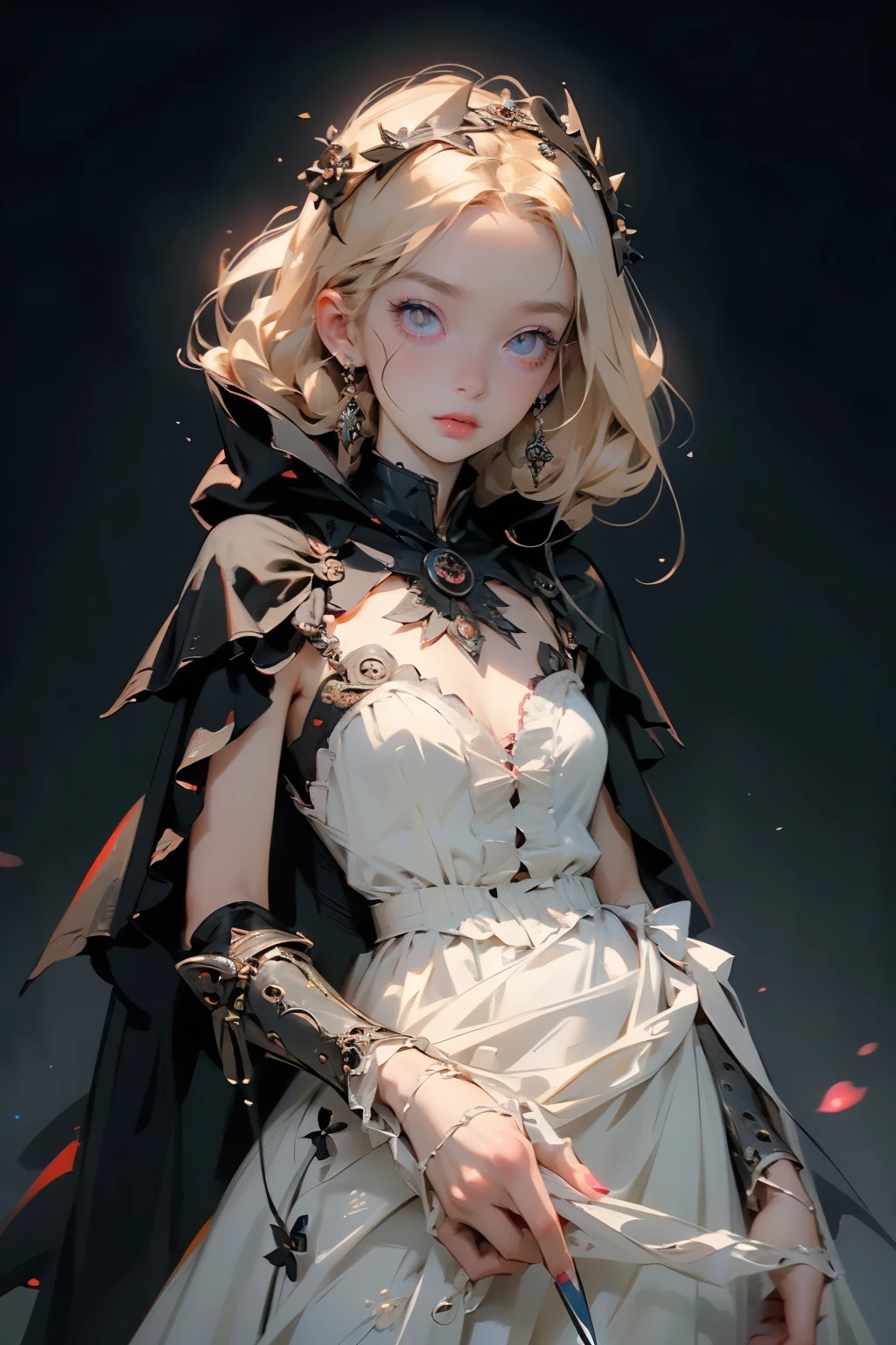(((masutepiece, of the highest quality, super detailed))), a female knight of an occult order, minimal but intricate beautiful armour, Bloodborne inspired, tatty Bloodborne attire, occult aesthetic, occult, tatty red and white clothing detailed and intricate steampunk and detailed gothic (with a hood), Complex laced boots, Fluttering lace flared long knee length dress with frilly petticoats, long dress, knee length dress, pleated petticoats, petticoats, beautiful small breasts, (((flat chest:1.1))), (((( Highly detailed face))), (((Very sharp focused eyes))), very long eyelashes, Very dramatic and cinematic lighting, tatty damaged old red and white clothing, full body, whole body, body, cosmic horror, grim dark