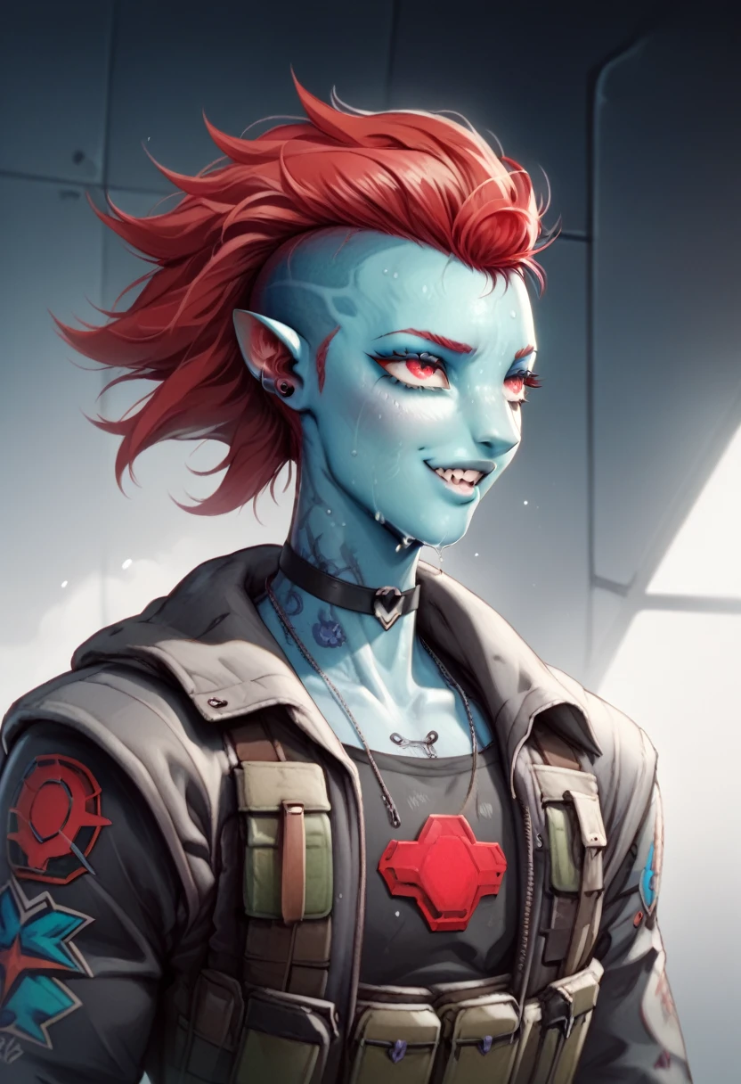 Oc,na’vi, a alien blue skin skinny buff femboy man wearing black trench-coat with a red mark on the bust,red hair,thick, in an 90’s style. He’s androgynous , fullbody,including some weapons and a sensual , cool expression. Sweating.The scene has a cool,sweet,sexual,stargate style and a vibrant tone. Modern setting in the background 