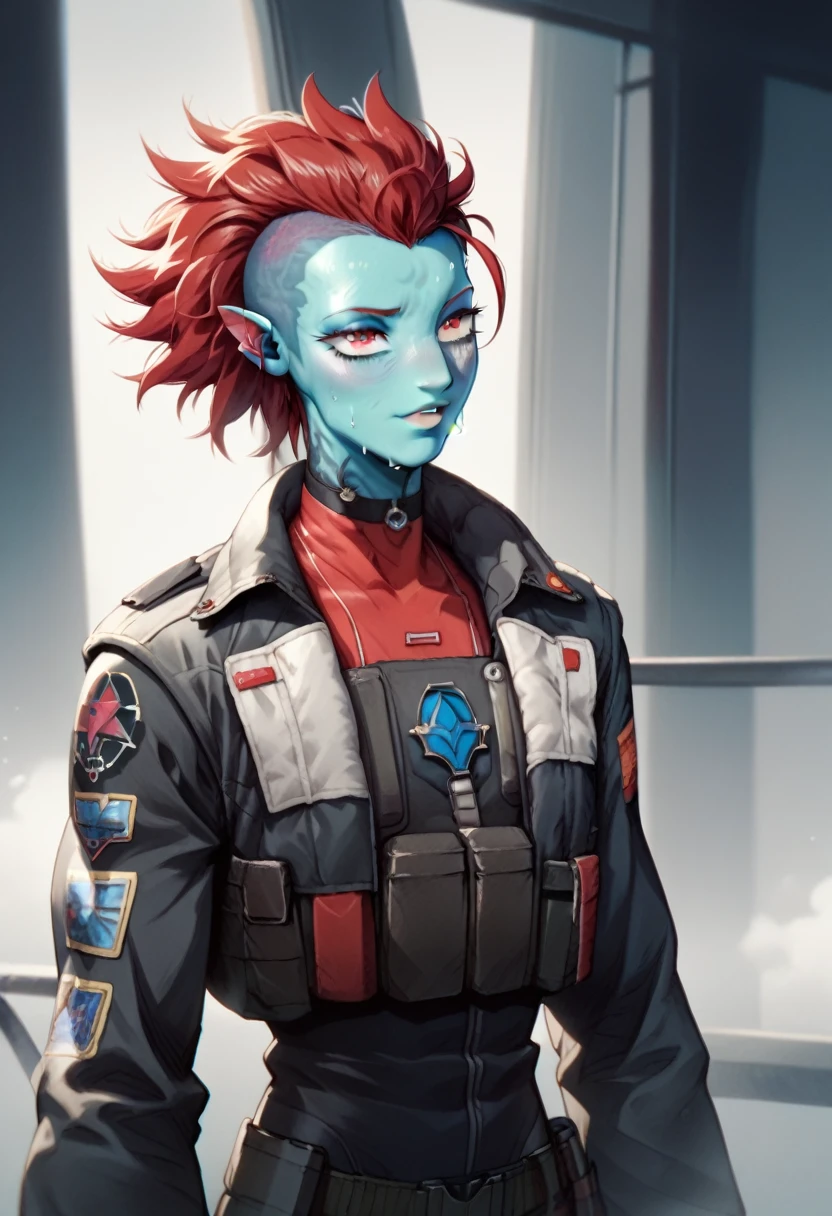 Oc,na’vi, a alien blue skin skinny buff femboy man wearing black trench-coat with a red mark on the bust,red hair,thick, in an 90’s style. He’s androgynous , fullbody,including some weapons and a sensual , cool expression. Sweating.The scene has a cool,sweet,sexual,stargate style and a vibrant tone. Modern setting in the background 