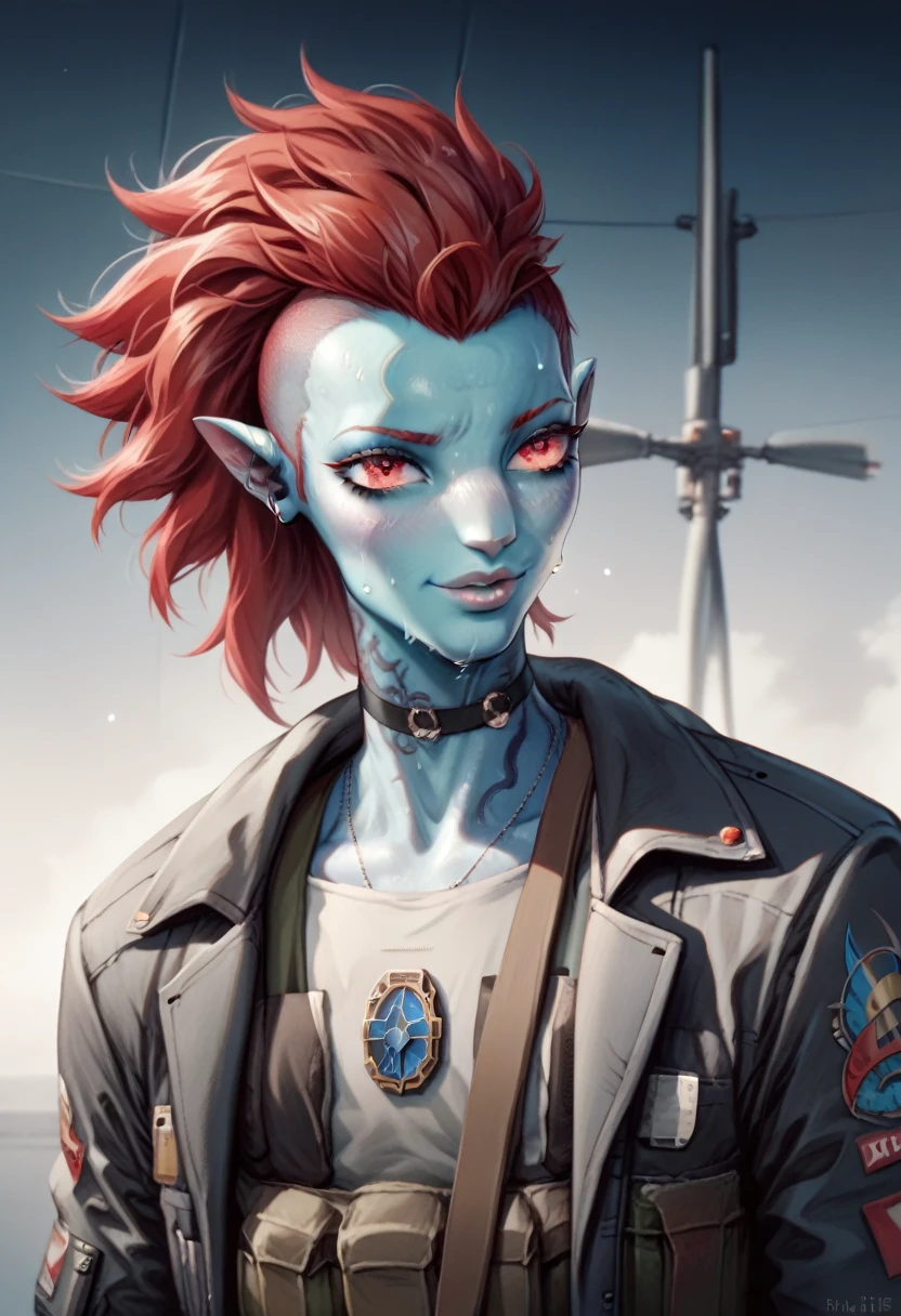 Oc,na’vi, a alien blue skin skinny buff femboy man wearing black trench-coat with a red mark on the bust,red hair,thick, in an 90’s style. He’s androgynous , fullbody,including some weapons and a sensual , cool expression.The scene has a cool,sweet,stargate/Bill Sienkiewiczy style and a vibrant tone. Modern urban setting in the background.