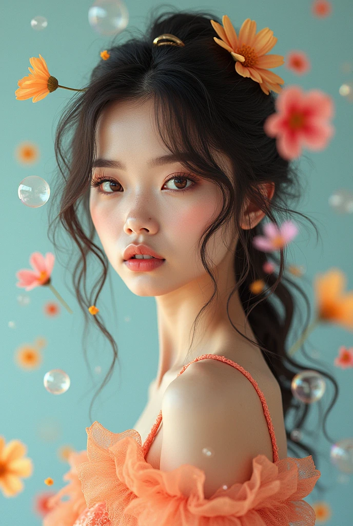 (master part), (best quality), (ultra detaild),(disheveledhair),(illustration), (1girl), (Trendy clothes), Standing, model fashion, Looking at Viewer, (interview), (simple background),beautiful detailed eyes, delicate beautiful face, floating,(high saturation),(colorful splashing),colorful bubble,(shining), facefocus, pony-tail, kamisato ayaka, light blue hair, bangss, hair ring, floating flowers, floating hairs, (shining), best ilumination, best shade,