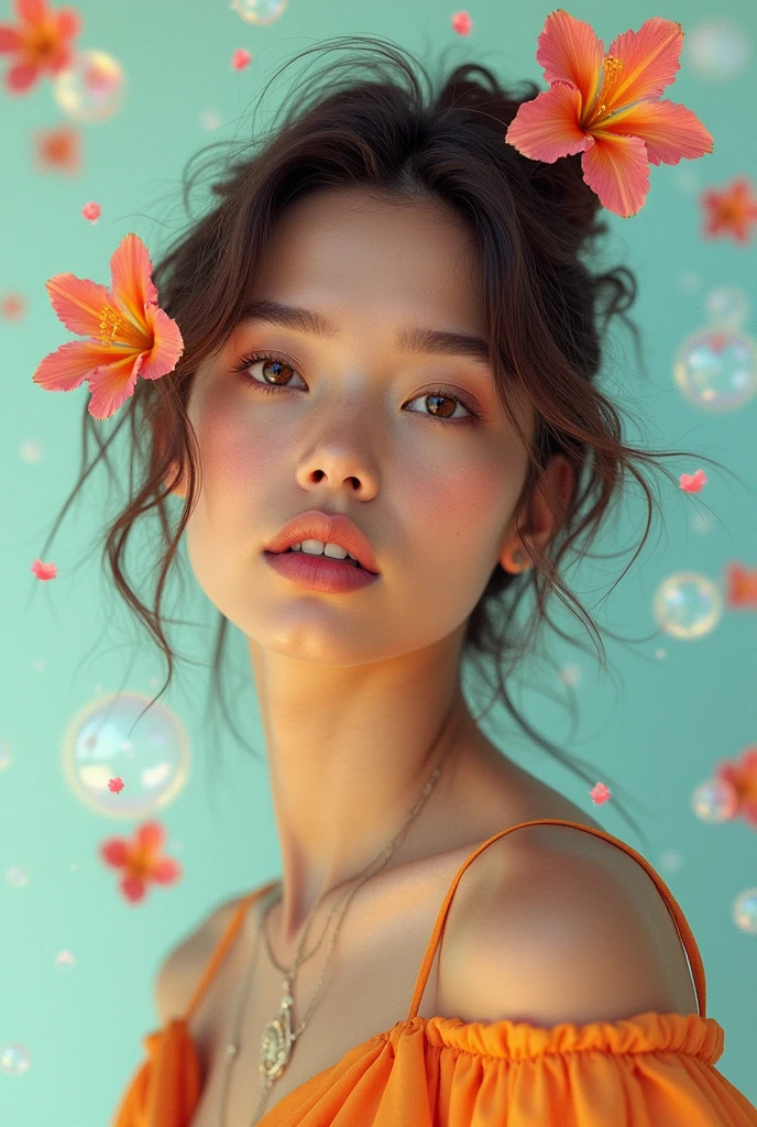 (master part), (best quality), (ultra detaild),(disheveledhair),(illustration), (1girl), (Trendy clothes), Standing, model fashion, Looking at Viewer, (interview), (simple background),beautiful detailed eyes, delicate beautiful face, floating,(high saturation),(colorful splashing),colorful bubble,(shining), facefocus, pony-tail, kamisato ayaka, light blue hair, bangss, hair ring, floating flowers, floating hairs, (shining), best ilumination, best shade,