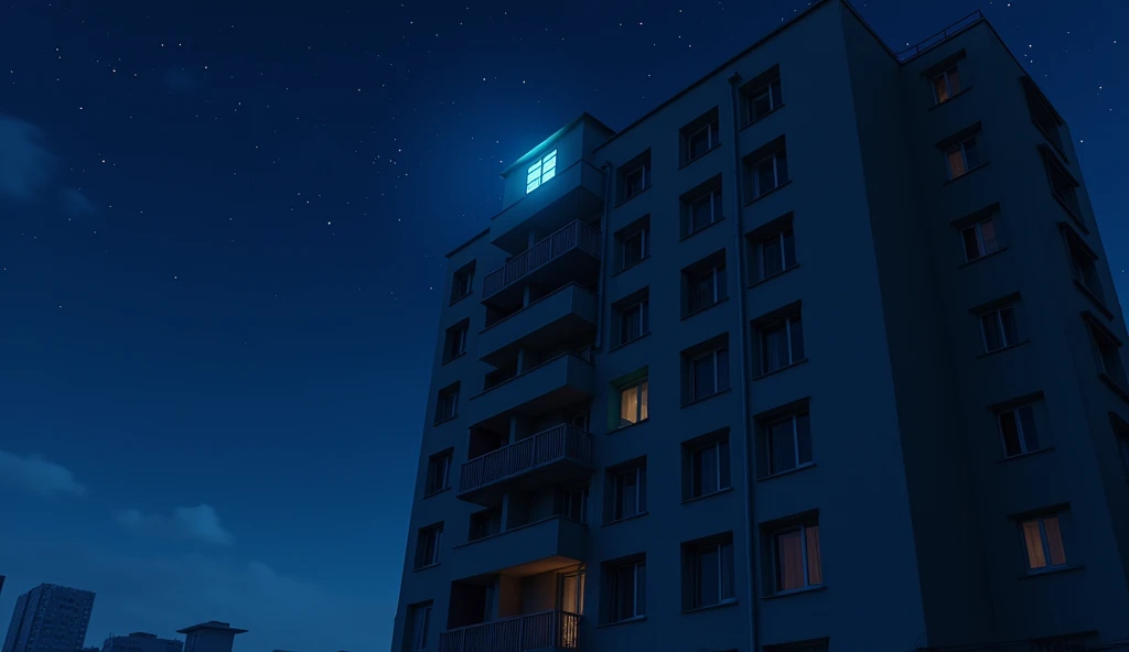 A 6-story apartment building,Residential Street,City,midnight,Starry Sky,a single window with a blue light on,The other windows are dark.,Anime Style, Drone photography,High resolution, Anti-aliasing