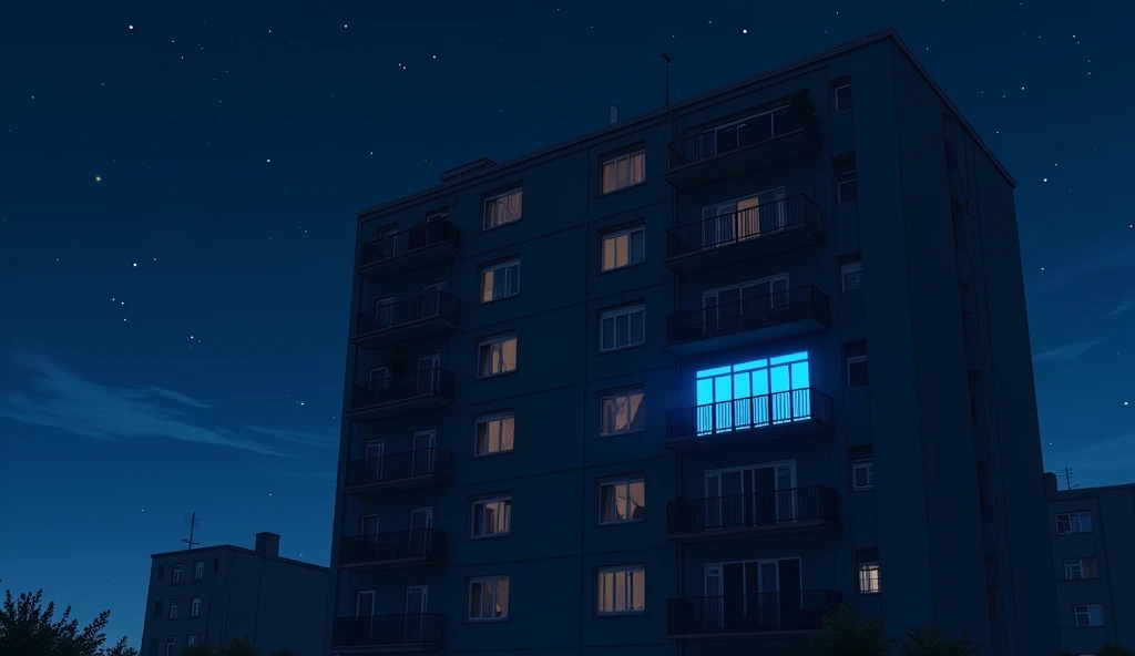 A 6-story apartment building,Residential Street,City,midnight,Starry Sky,a single window with a blue light on,The other windows are dark.,Anime Style, Drone photography,High resolution, Anti-aliasing