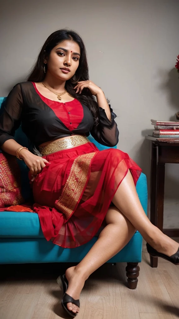 South Indian women, wearing red colour chiffon transparent shiny skirt and black chiffon shirt 