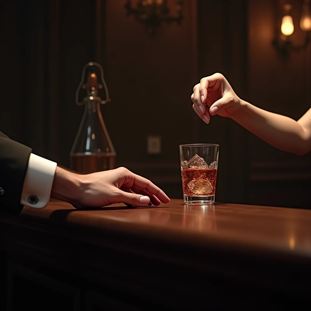 Bar counter, man's hand in a suit, female bartender's hand handing over a rock glass, female bartender's bare arm