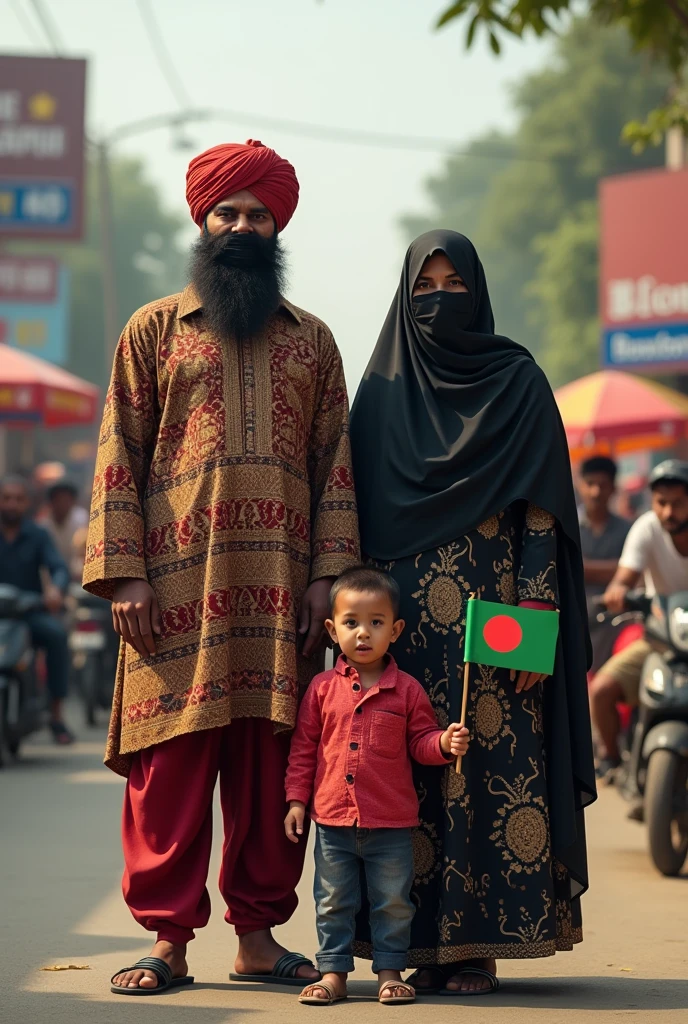 A 27 years old beard boy with panjabi, tie up black cloth in mouth, a 18 years old burka niqab hijab girl and a 3 year baby boy on busy road with Bangladesh flag in hand, infront of a place named "Konabari Gazipur"