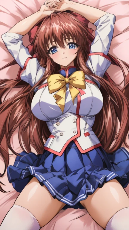 (Anime artwork, Anime Style, Studio Anime, Very detailed, Latest, Vibrant, Anime Coloring Book, High Contrast, masterpiece:1.2, Highest quality, Best aesthetics), (Beautiful and detailed:1.2), Aoikan, 1 person, Hair Ribbon, school uniform, Long sleeve, bow tie, Blue Skirt,Big Breasts、 blush, Cute smile Open your mouth On the bed, Lie down with your arms up, Pink Good, From above, Lift your shirt, Skirt Lift, No pants,White High Knee Socks、Two arms