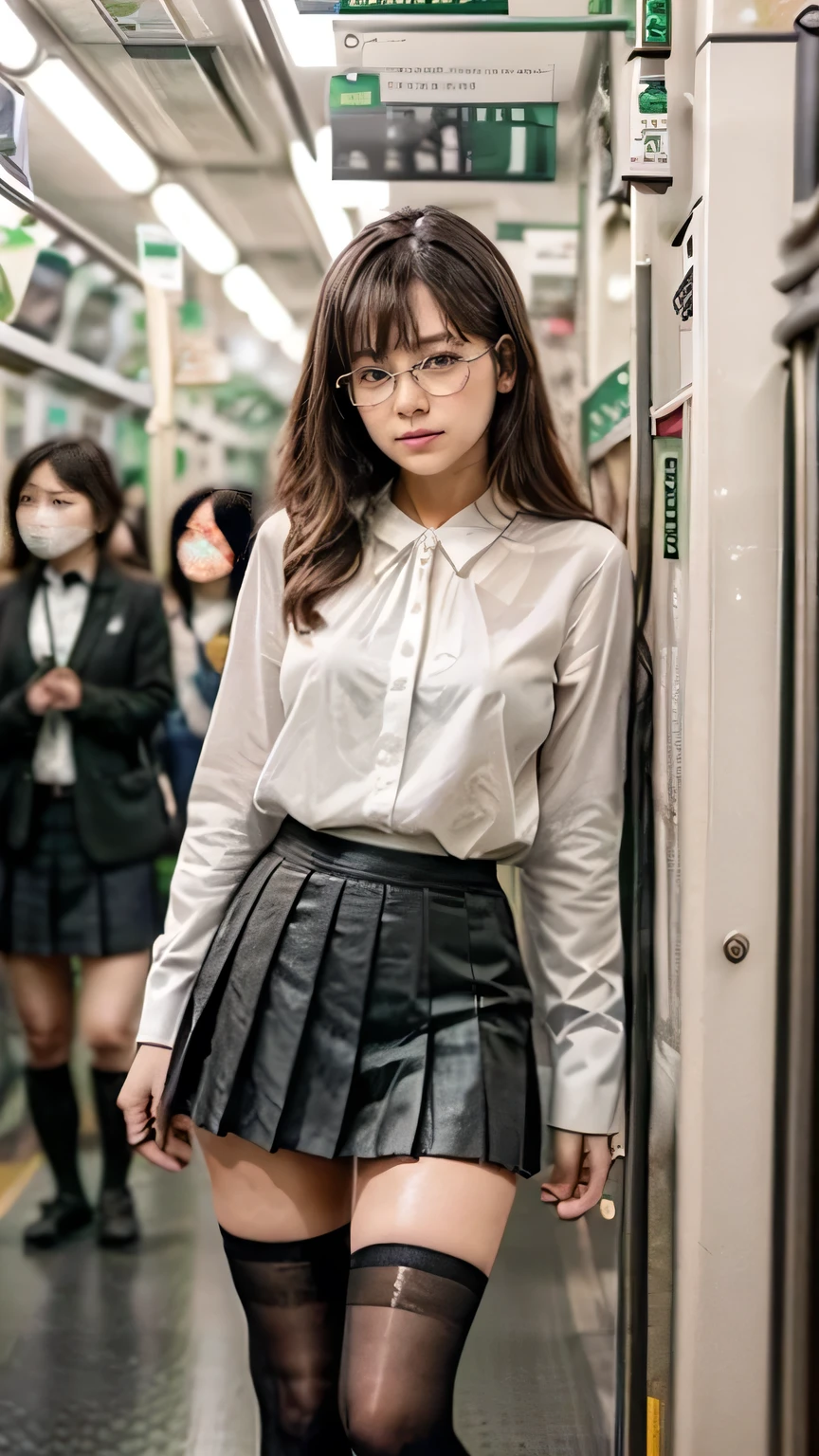 (A woman standing on the Yamanote Line:1.5)、(Realistic、Like a photograph、Live Action、8k, Realistic, RAW Photos, Best image quality: 1.4), Single-lens reflex camera、RAW Photos, Highest quality, Realistic, Highly detailed CG Unity 8k wallpaper, Written boundary depth, Cinematic Light, Lens flare, Ray Tracing, Realistic background、((Ultra-Dense Skin))、 23-year-old woman、Cute Japan OL、(whole body:1.5)、(White blouse、Black pleated skirt:1.5、Over the knee socks:1.44)、Wear glasses)、Very detailedな顔,(avert your eyes:1.5)、(Long Hair:1.2、I like that style、stylish、Very detailed、Pay attention to the details、Perfect outfit、(Sunburned skin)、Front view、Accurate hands、Accurate legs、Detailed hands and fingers、Anatomically correct body、Thin legs、Thin thighs、Large Breasts、Very detailedな顔、Side view