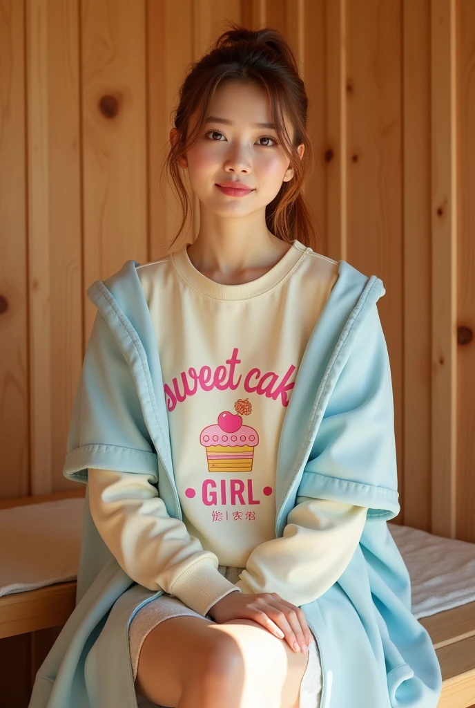 25yearsold japanese female.4K。details. photograph。 top...cream colored long-sleeved T-shirt、Text in pink、「sweet cake GIRL」and a logo in cursive、a cute shortcake illustration is printed on it。 bottoms...white long pleated skirt accessories...wearing a light blue cape on her back。 hairstyle...ponytail hair color...auburn background...sauna。 expression...she's sitting on a chair、sweating profusely、I'm soaking wet。