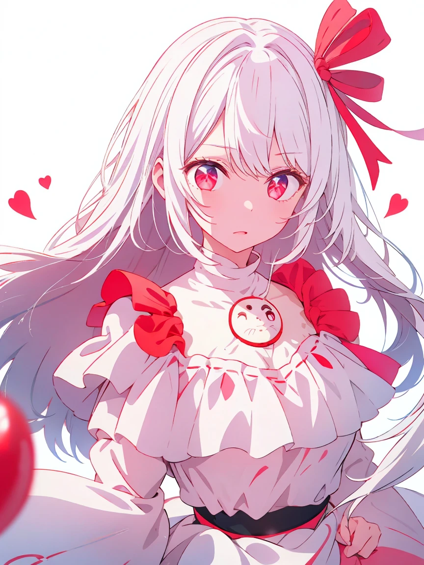 1 girl、white hair、red eyes、long hair、white lolita、balloon、ribbon、white background、simple background