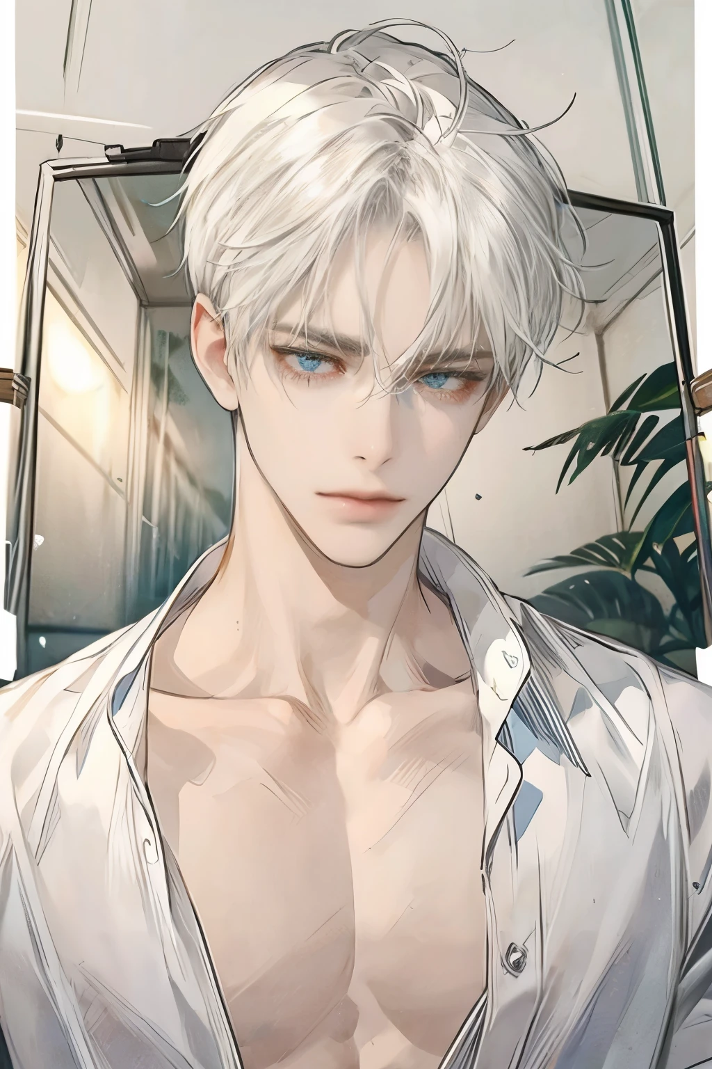 1 man, Hospital room, Casual style, white shirt, white hair, blue eyes, tear, Less body exposure, sad, masterpiece, high quality