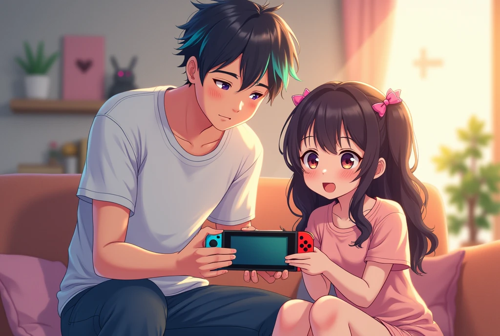 A playful scene of a couple: a girl, engrossed in a Nintendo Switch game, is about to have her console taken away by her taller, handsome boyfriend with distinctive key-colored hair. Anime