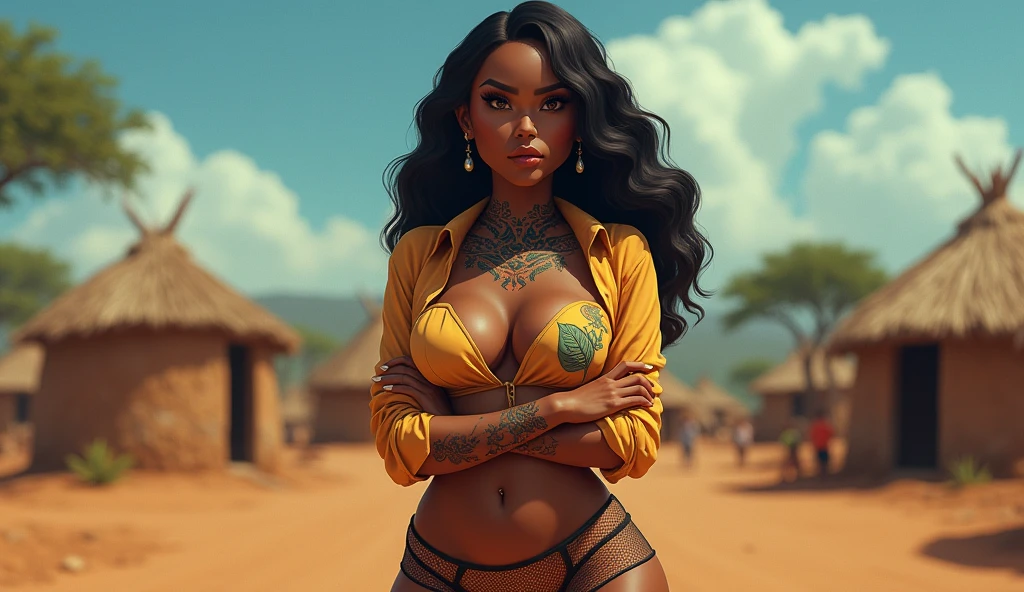 score_9, score_8_up, score_7_up,solo,
35mm photography, highly detailed, high detail, sharp focus, source_anime,
bimbo, mature female ,milf, african, large and sagging breasts, (beautiful face)++ A girl, full lips,voluptuous, sexy, provocative, narrow waist, (showing off her entire deep neckline with superb tattoo) , bright colors,village, huts, savannah, baobab trees, ,deep neckline shirt simple african style background, dark skin, sexy fishnet panties, covering nipples with hands,