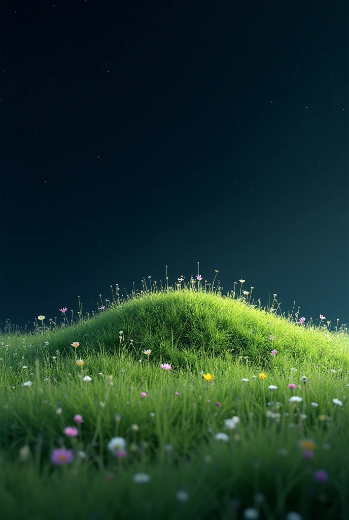 A small hill of grass with a few flowers growing on it in the universe Realistic feel