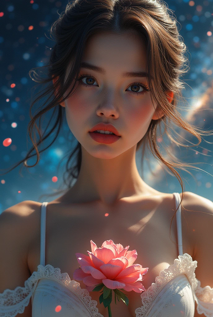 1girl, detailed beautiful eyes, detailed beautiful lips, extremely detailed face and portrait, longeyelashes, upper body, looking at viewer, cosmic, nebula, galaxy, particle effects, windblown hair, flower, simple background, (best quality, masterpiece, 4k, photorealistic, hyper detailed, cinematic lighting, vivid colors)