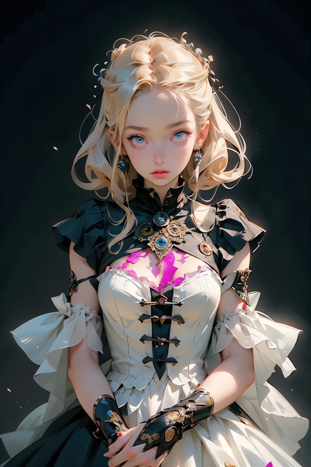 (((masterpiece, of the highest quality, super detailed))), (a female knight of an occult order), ((minimal but intricate beautiful armour)), ((((wielding a sword with a digital glitch-like effect to the blade as though it is rapidly flickering in and out of reality with a very slight warping effect around it like gravitational lensing)))), Fluttering lace flared dress with frilly petticoats, ((((Highly detailed face))), (((Very sharp focused eyes))), very long eyelashes, small breasts, (((flat chest:1.1))), occult aesthetic, (red and white clothing detailed and intricate steampunk and detailed gothic), (with a hood), complex lace boots