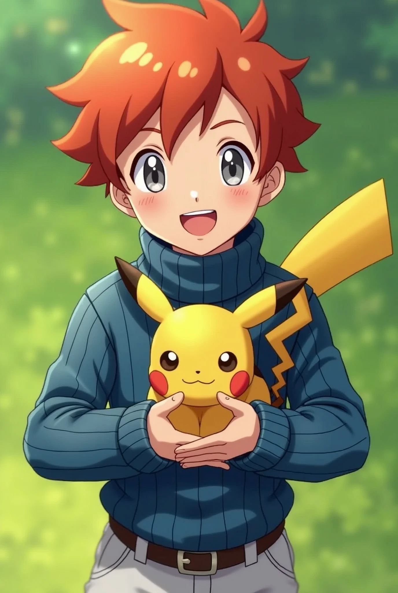 Hi-Res, 1 boy, solo,Holding a Pikachu in Your Hands, grey eyes, red hair, blue knitted turtleneck with long sleeves, White shorts, a belt, Grassy, deph of field, The best smile, put hands on the hip