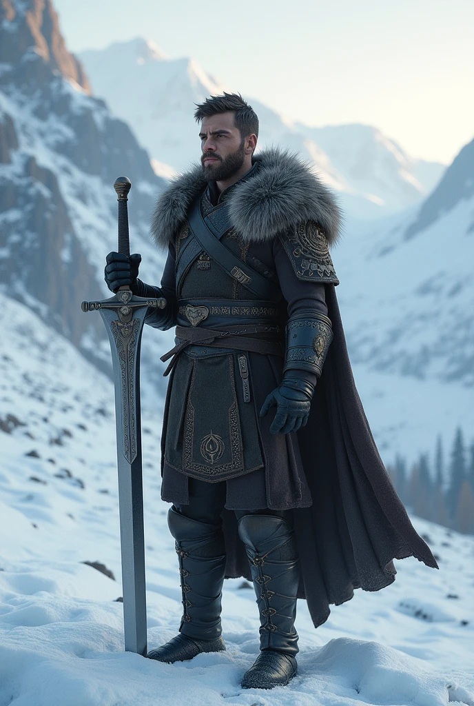 Young man in black Nordic attire holding a long sword, gazing at the snow-covered horizon.