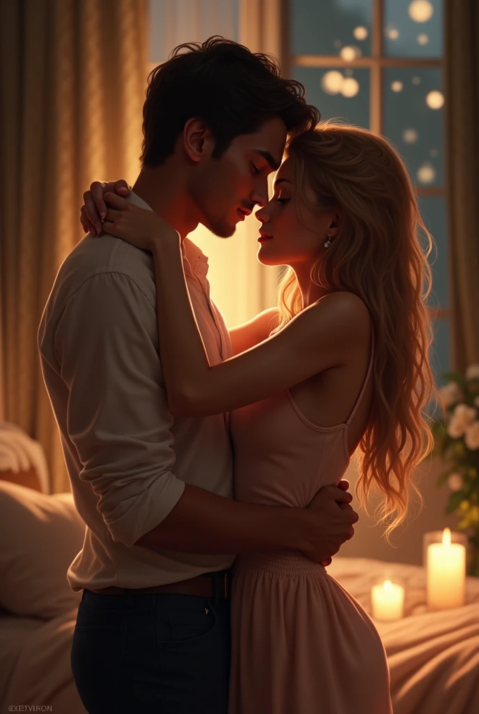 two  close embrace, with a soft, warm light highlighting their bodies. The scene is intimate, with subtle details like gentle touches and longing gazes, set in a private, romantic setting. The mood is passionate and loving, focusing on their connection

