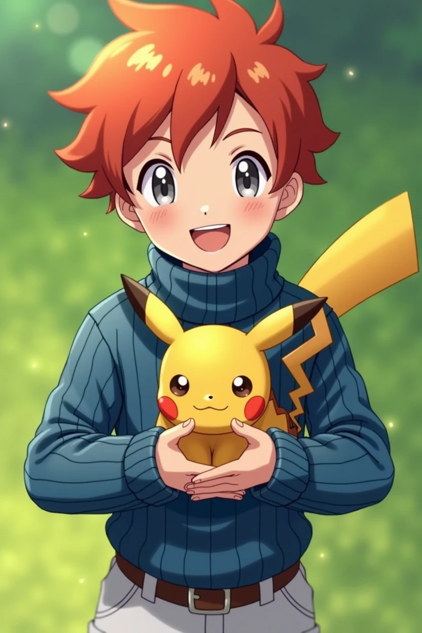 Hi-Res, 1 boy, solo,Holding a Pikachu in Your Hands, grey eyes, red hair, blue knitted turtleneck with long sleeves, White shorts, a belt, Grassy, deph of field, The best smile, put hands on the hip