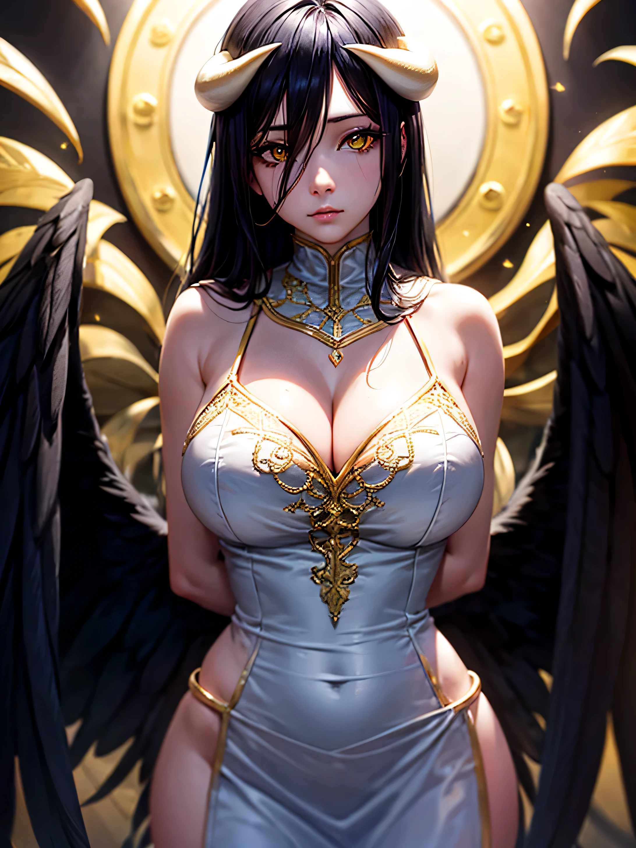 A high resolution, (highly detailed eyes), (big yellow eyes), ulzzang, Sharp focus, Pixiv masterpiece, ((Intricate details)), Highly detailed, 1girl, (black wings), Gold-white dress, White horns, Albedo_Overlord, Black hair, (Low wing,:1.1), Upper body, black background, gold dust, gold sparks, gold particles, ((arms behind back)), cleavage, 
