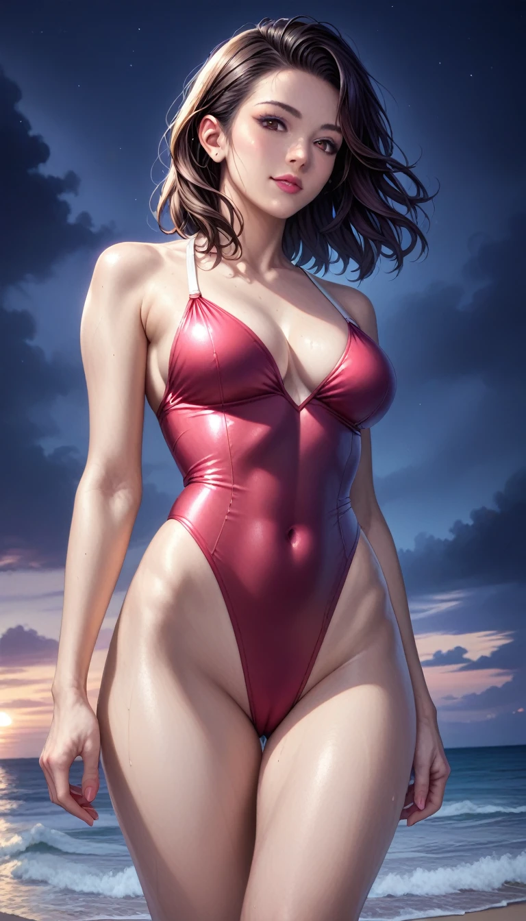 score_9, score_8_superior, score_7_superior, High resolution 3D anime style,A masterpiece in 32K resolution,Highest quality,it is really amazing,Very detailed,Ultra-high resolution,Ultra-realistic,Realistic,Increased depth of field,Cinematic lighting,
(Sexy mature Japan woman:1.2),
(black straight medium hair:1.1),(Ultra-detailed and beautiful face:1.1),(Calm and gentle look:1.1),Beautiful brown eyes,Translucent white skin,Realistic skin texture,Great proportions,
Elegant high leg swimsuit,
Simple design,Chic color scheme,Detailed fabric texture,
(Dark overcast sky on a dull night:1.1),(Dark clouds filling the sky:1),(Thundercloud:1),Coastline at night,Stormy seas,(delay々A desolate sandy beach that continues:1),
(Full body photo:1.1),(Dramatic Angle:1.1),