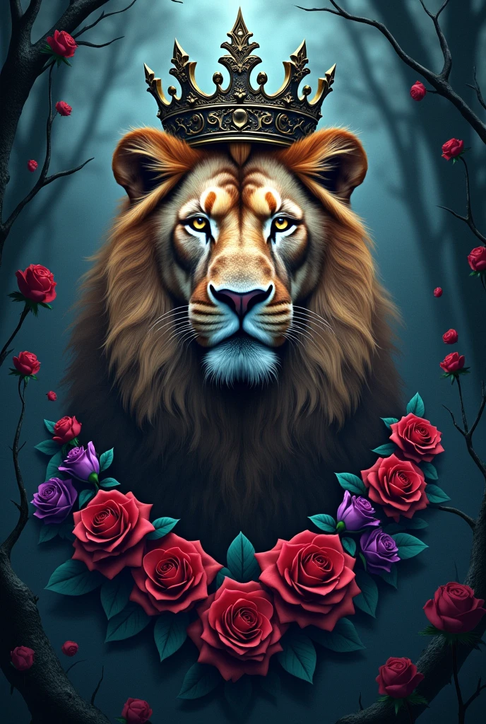 Lion head,crown,black,gold,Roses in Red,purple or turquoise and a few thorns,mystical touch,DARK mystic forest in Background 