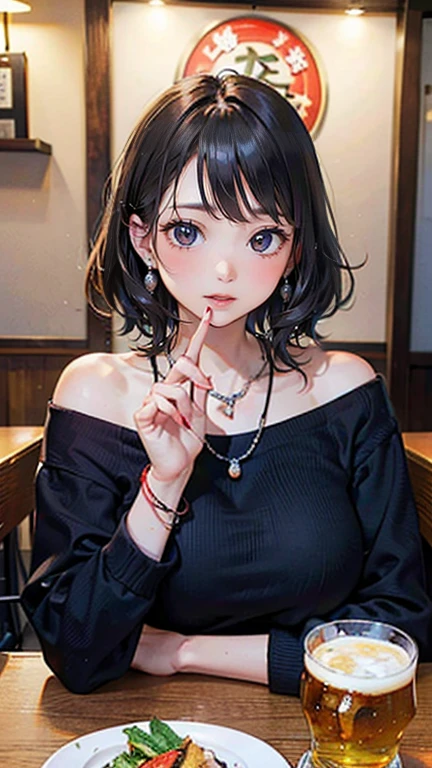 (masterpiece, Highest quality:1.3), (Very detailed:1.2), (hyperRealistic:1.3), (RAW Photos:1.2), High resolution raw color photos, Professional photos, (PhotoRealistic:1.4), (Realistic:1.4), Professional Lighting, Perfect Anatomy, (Big Breasts:1.2), (blush, Detailed face), (Bright smile:1.5), Trending Hair&Trending Hairカラーをランダムに, Earrings, necklace, bracelet, ((At a lively izakaya in town、A beautiful woman wearing stylish clothes。Place your elbows on the table、Delicious food is lined up on the table.,With a draft beer in hand,Smiling sensually at the camera,The necklace on the chest is attractive.。: 1.3)