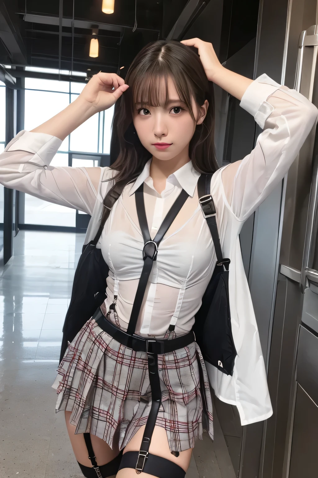 1 female, , high quality, masterpiece, Ultra-high resolution, Cinema Lighting, 1 female, , high quality, masterpiece, Ultra-high resolution, , Cinema Lighting, suspenders Moderate breasts Small face Looking up Sweat Thin belt buzzer 脇Sweat garter belt Belt on pants holster Hands behind your back Looking up Anxious face Knee-high Knee socks Knee-highソックス garter ふとももにgarter belt Checkered mini skirt Panty shot Skirt gap Armament holster holster Hands behind your back Anxious expression Anxious face, legs apart Armament Leg Holster holster See-through clothing heavy rain Rain-soaked dress shirt,Moderate breasts ガーターbelt suspenders Garter on the thigh Checkered mini skirt Looking up Pause belt Armpit sweat Hands behind back Raise your hands