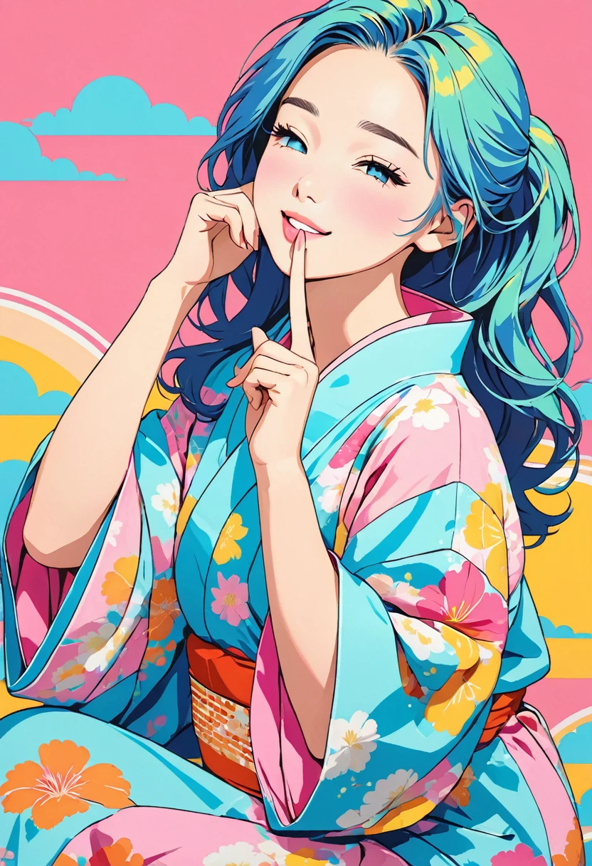 (masterpiece, best quality:1.1), (ultra highres, ultra-detailed:1.2),pop-art,(pastel color,flatcolor),girl doing hush pose,(colorful yukata),(index finger to her mouth),she has one eye closed,wink,(blink:1.2),simple background,minimal design,BREAK ,american cutie,