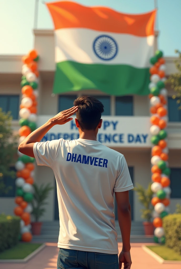 A patriotic 18-year-old boy named  Dharmveer  stands proudly in front of his school, saluting the Indian tricolor flag. He's wearing a white t-shirt with "  Dharmveer " printed on the back in bold blue letters. The school building is decorated with orange, white, and green balloons. A large banner reads "HAPPY INDEPENDENCE DAY" in the background.