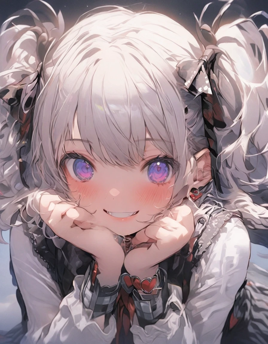 masterpiece、10 year old girl、White Hair、twin tail、(((gingham check ribbon)))、short hair、gingham check 、clothes、smile、Focus on the face, heart background