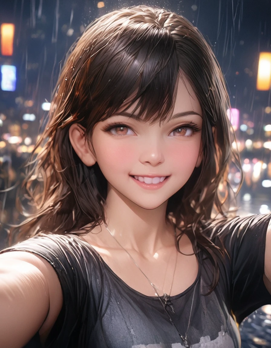 (RAW photos, best quality), (realistic, photorealistic: 1.2), (round face: 1), 1 girl, selfie outdoor, (high detail skin: 1.2), (puffy eyes), (lying silkworm), smile, collarbone, air bang, straight brown black hair, pure black pleated skirt, soft lighting, high quality, cityscape, skyline, night, rain, wet, professional lighting, Photon mapping, radiosity, physically based rendering,