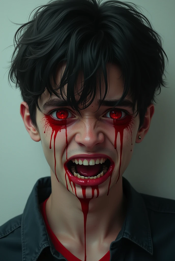 realistic portrait, horror, Cool tones, A young man, blond with shoulder length bob, disheveled matted bloody hair, man without eyes, empty eye sockets, blood on the face, sad smile, old scars, despair, depression, sullen expression