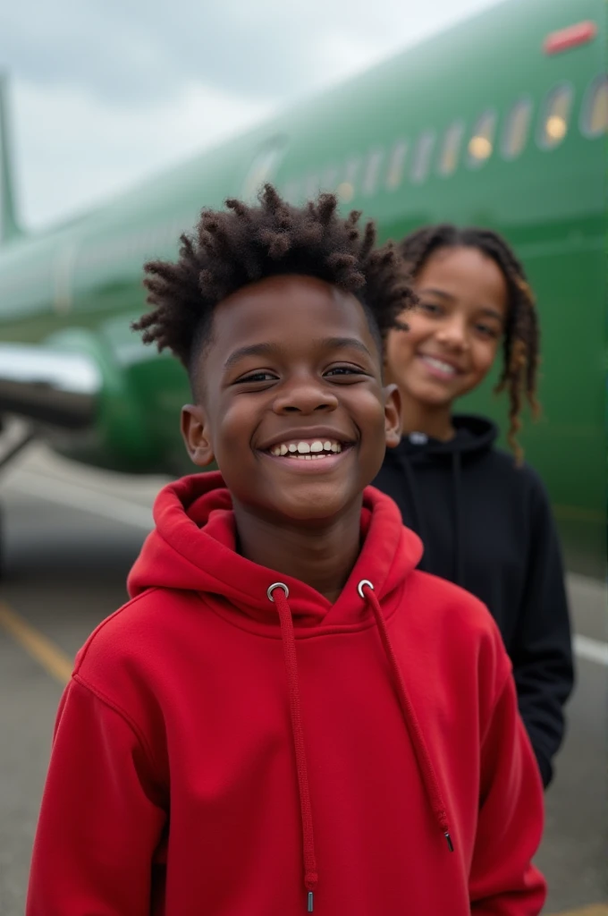 , a boy and a girl smiling. They age is 21The boy, who is black and medium soft curly beautiful hairhair is wearing red hoodies and stands in front. The girl, who is light skin wearing black is positioned behind him. In the background, there's a green plane. Both the boy and girl look happy
