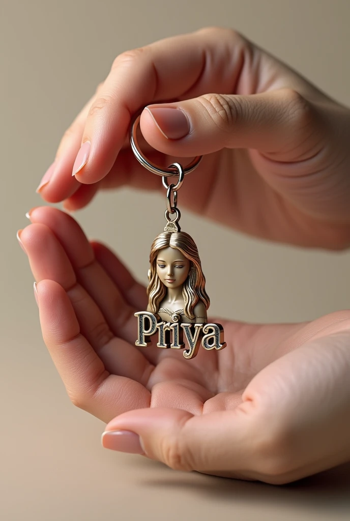 create 3d realistic image of a name key ring in one hand in which a girl is made and the name priya is written clearly, create image like a key ring with girl and name. create 8k ultra realistic images