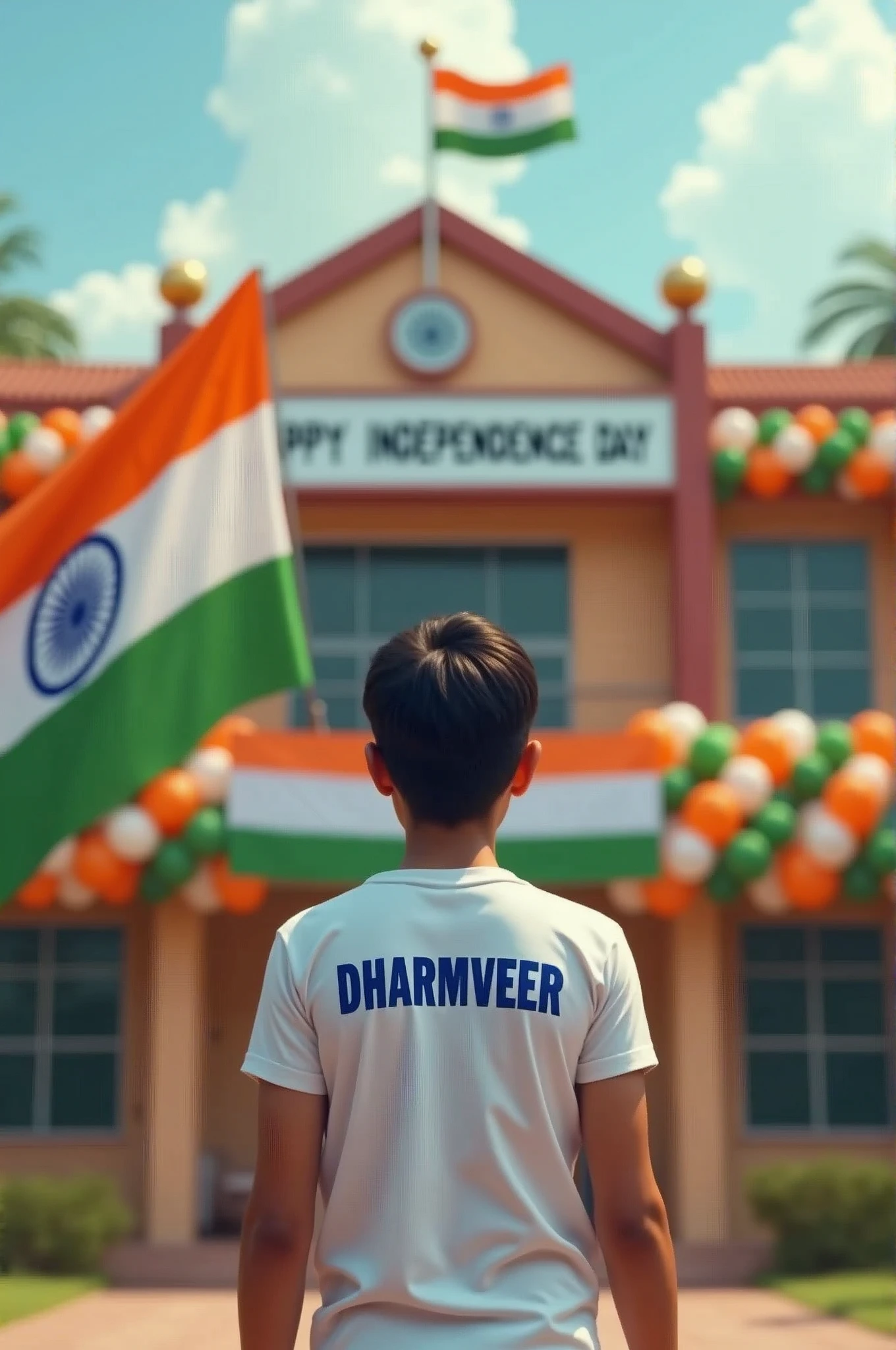 A patriotic 18-year-old boy named  Dharmveer  stands proudly in front of his school, saluting the Indian tricolor flag. He's wearing a white t-shirt with "  Dharmveer " printed on the back in bold blue letters. The school building is decorated with orange, white, and green balloons. A large banner reads "HAPPY INDEPENDENCE DAY" in the background.