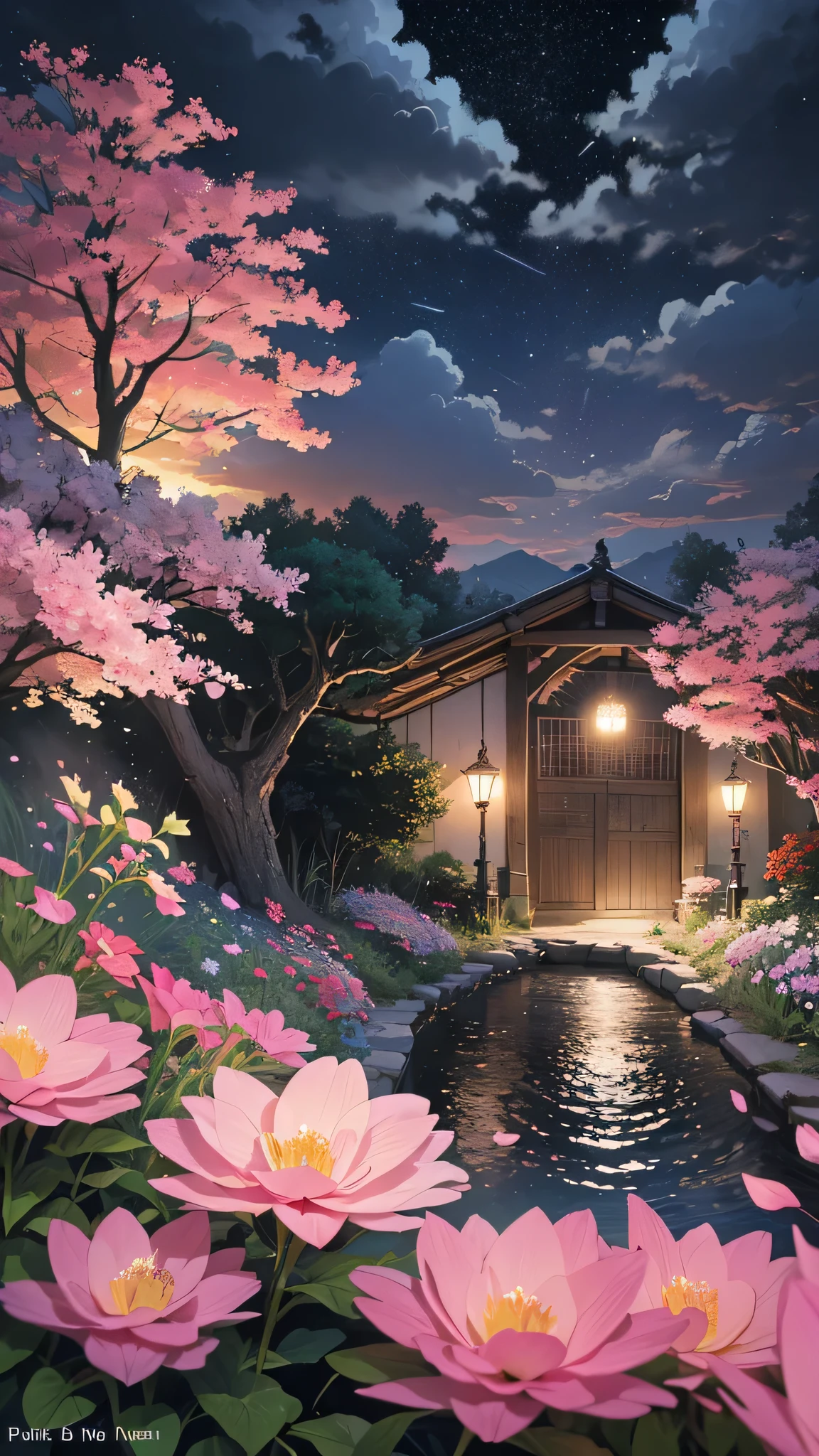 (magical pretty night null green stream overlay scene), (null), (cloud), Soft lighting, Clean background, Beautiful views, masterpiece, high quality, Beautiful graphics, Attention to detail, Spectacular views, garden, Flowers, cloud, (night starry null, River behind, Behind is a huge old tree々, Shiny pink petals fall behind)