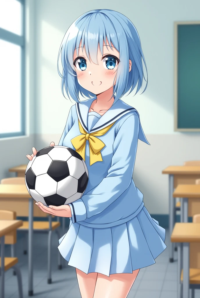 Light blue hair、The back of the hair, the nape of the neck, is short.、Very Short Hair、Big light blue eyes、Light blue eyebrows、Only the sideburns are long、Light blue sailor suit、Light blue pleated skirt、Big yellow ribbon、classroom、Hold a soccer ball in both hands、Smiling、Saki Nijino、Tokimeki Memorial
