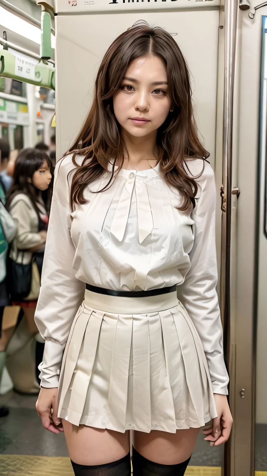 (A woman standing on the Yamanote Line:1.5)、(Realistic、Like a photograph、Live Action、8k, Realistic, RAW Photos, Best image quality: 1.4), Single-lens reflex camera、RAW Photos, Highest quality, Realistic, Highly detailed CG Unity 8k wallpaper, Written boundary depth, Cinematic Light, Lens flare, Ray Tracing, Realistic background、((Ultra-Dense Skin))、 23-year-old woman、Cute Japan OL、(whole body:1.5)、(White blouse、Black pleated skirt:1.5、Over the knee socks:1.44)、Wear glasses、Large Breasts)、Very detailedな顔,(avert your eyes:1.5)、(Long Hair:1.2、I like that style、stylish、Very detailed、Pay attention to the details、Perfect outfit、(Sunburned skin)、Front view、Accurate hands、Accurate legs、Detailed hands and fingers、Anatomically correct body、Thin legs、Thin thighs、Large Breasts、Very detailedな顔、View from the front