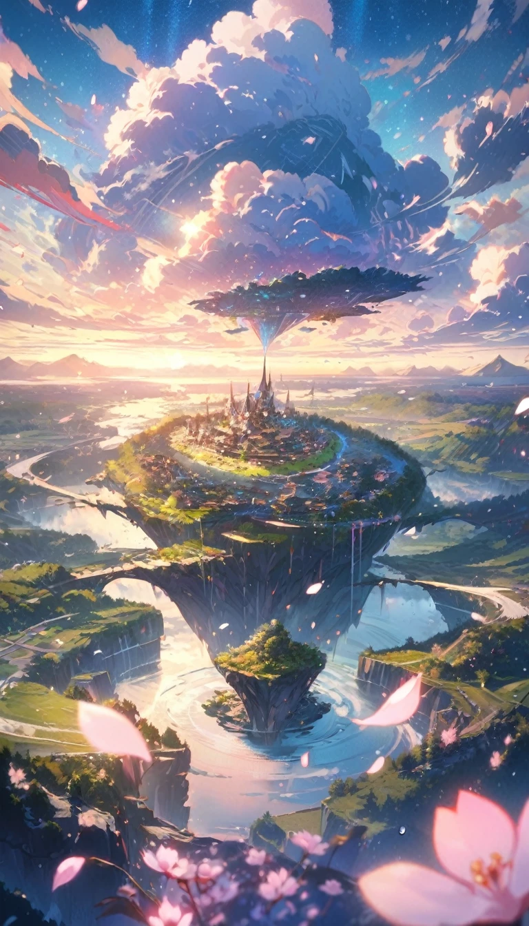 Highest quality,4K,8k,High resolution,masterpiece:1.2,Very detailed,(Ultra-fine painting:1.1),(Sharp focus:1.1),,(Very detailed説明:1.1),(Professional:1.1),Vibrant colors,Bokeh,Portraiture,landscape,anime,Weathering With You,Fantasy World,Magical atmosphere,Fantastic lighting,Soft pastel colors,魅惑的なlandscape,Floating Island,Sunlight shines through the clouds,Sparkling water surface,Windblown Hair,Detailed clouds and sky,Expressive eyes,Stars shining in the background,Cherry blossoms blooming in the sky,Falling petals,Beautiful raindrops,Air filled with misty rain,Dynamic Perspective,Calm emotions,Calm mood