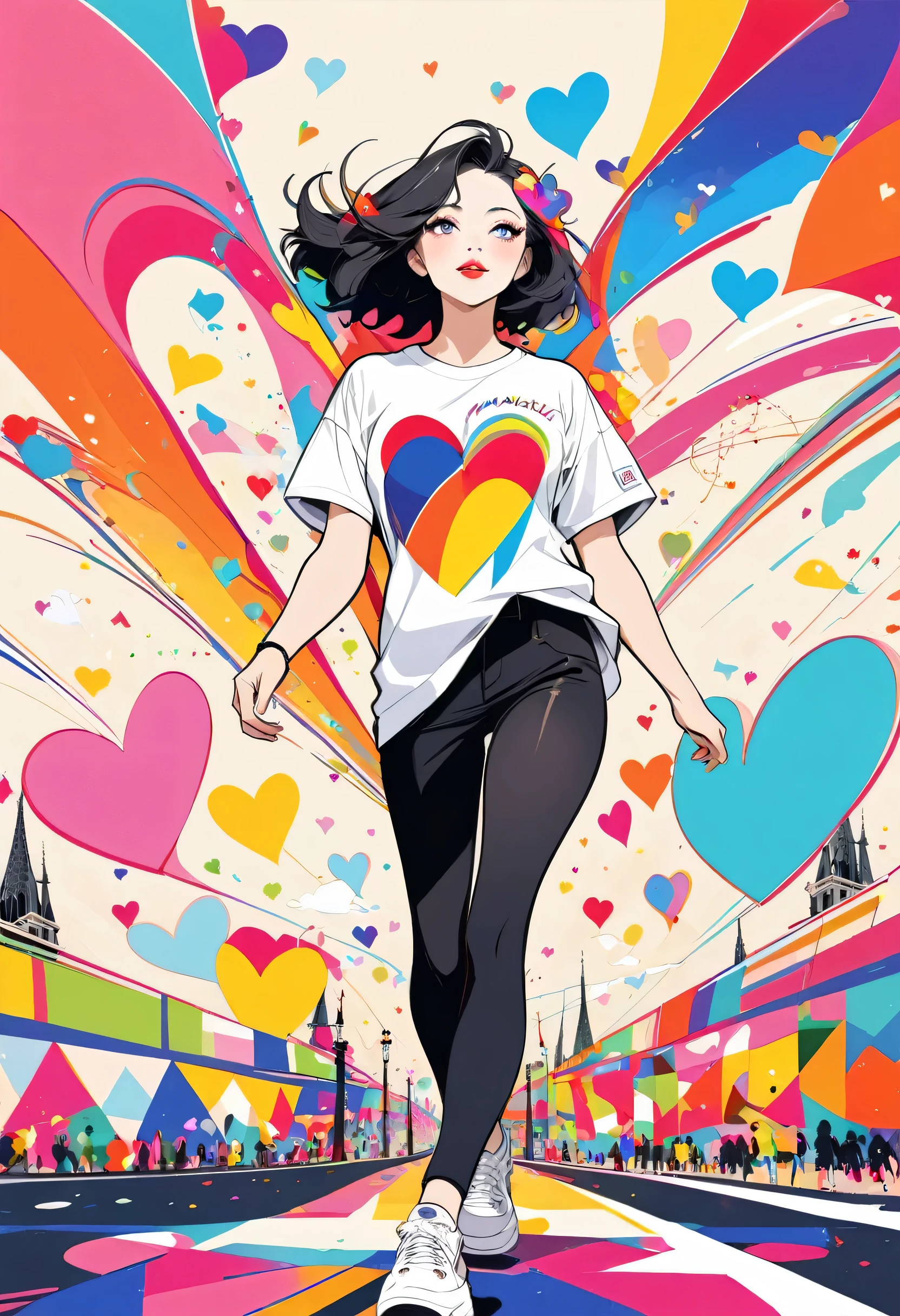 Vasily Kandinsky colorful style, Simple Line Initialism,Abstract art,(((The most beautiful girl of all time))), Sweet face. Lips in love, colorful hearts, stylish design, 夏のオシャレなTシャツ, 黒い瞳, walking, Paris